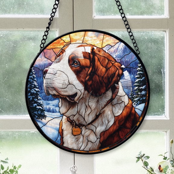Saint Bernard Christmas Tree Decor 2025, Saint Bernard Dog Gifts, Christmas Tree Stained Glass SunCatcher for Windows Dog Christmas Tree, Haging Decor