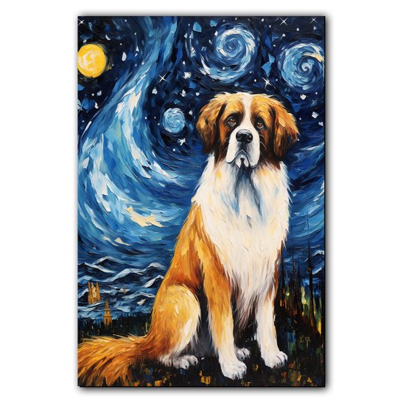 Saint Bernard Dog Art Starry Night Paintings Van Gogh - Inspired Canvas - Contemporary Abstract Modern Dog Wall Décor - Dog Painting Canvas Canvas