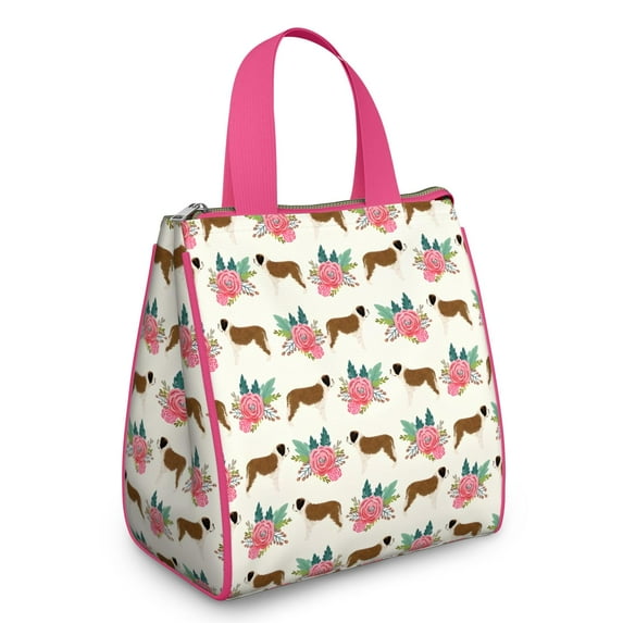 Saint Bernard Dog Breed and Flower Floral Insulated Lunch Bag for Women & Adults,Large Portable Soft Cooler Lunch Bag,Thermal Food Storage Tote with Pearl Cotton,8.66L,8.75x5.75x9.5 Inch