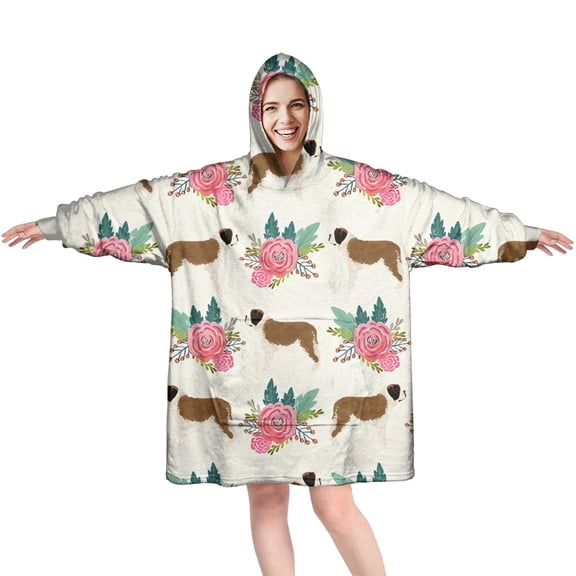 Saint Bernard Dog Breed and Flower Floral Wearable Oversized Blanket,Wearable Blanket Hoodie for Adults,Cozy Hooded Blankets with Super Pockets,Super Warm Fuzzy Pullover for Women & Men