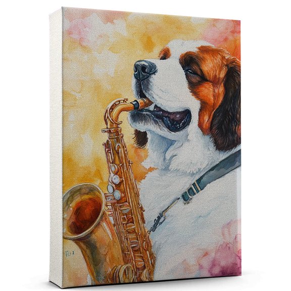 Saint Bernard Dog Canvas Saxophone Stretched Canvas Size 8x12 – Funny Saint Bernard Dog Canvas Wall Decor, Funny Dog Wall Art for Saxophone Room