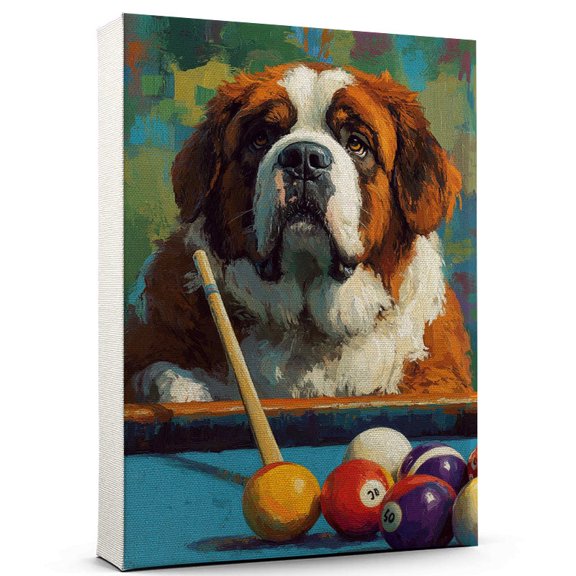 Saint Bernard Dog Playing Billiards Canvas Canvas  Vintage Style Saint Bernard Dog Art for Billiards Fans, Great Gift for Dog Owners