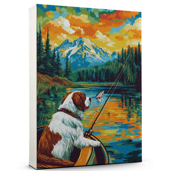 Saint Bernard Dog Playing Fishing Canvas Canvas  Vintage Style Saint Bernard Dog Art for Fishing Fans, Great Gift for Dog Owners