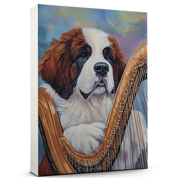 Saint Bernard Dog Playing Harp Stretched Canvas Size 8x12 – Vintage Style Saint Bernard Dog Art for Harp Fans, Great Gift for Dog Owners