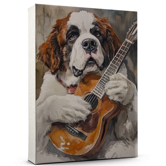 Saint Bernard Dog Playing Ukelele Wall Stretched Canvas Size 8x12 – Saint Bernard Canvas Art for Dog Lovers, Ukelele Canvas Wall Decor