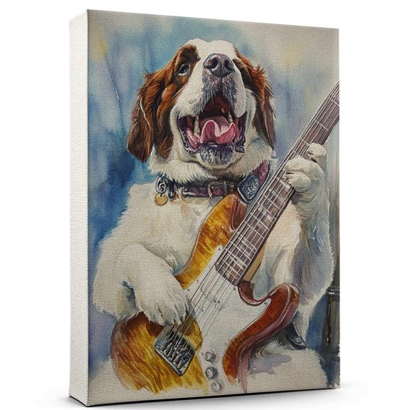 Saint Bernard Dog Stretched Canvas Size 8x12 – Bass Guitar Theme Dog Art for Wall, Saint Bernard Dog Playing Bass Guitar Wall Art, Dog Lover Canvas Decor