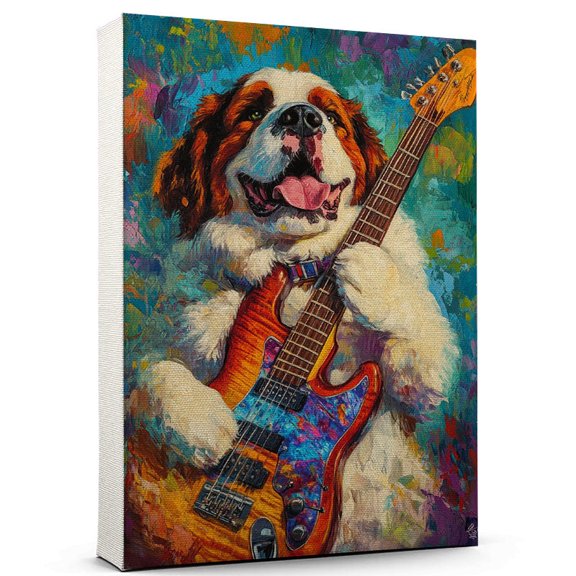 Saint Bernard Dog Stretched Canvas Size 8x12 – Cute Saint Bernard Canvas Wall Art of Puppy Playing Bass Guitar, Perfect for Dog and Music Fans