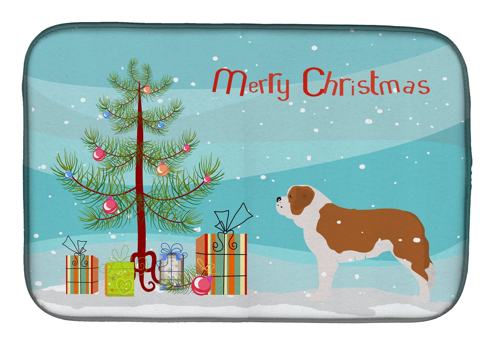 Saint Bernard Christmas Tree Polyester Dish Drying Mat
