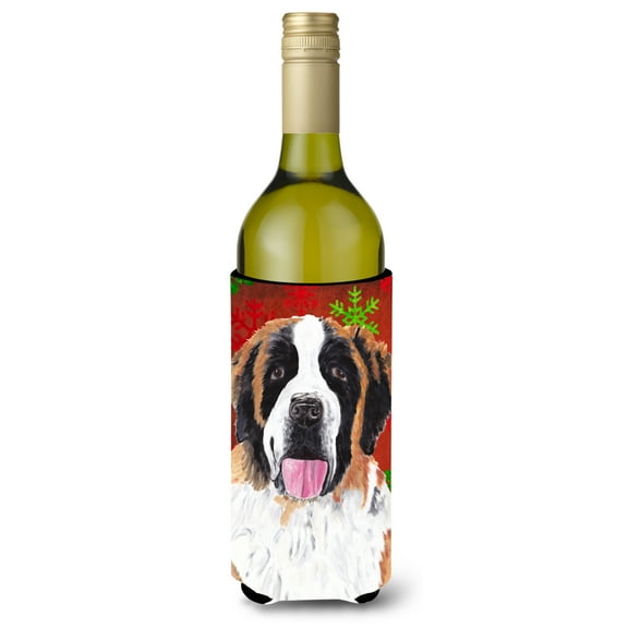 Saint Bernard Red Green Snowflake Christmas Wine Bottle Hugger