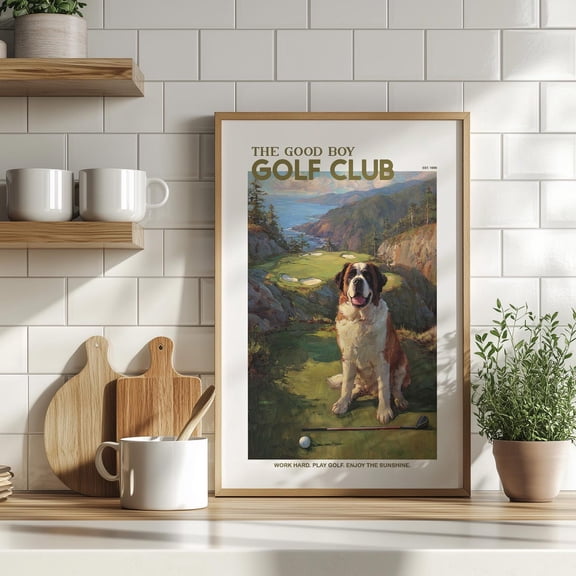 Saint Bernard The Good Boy Golf Club Dog Lover Course Vintage Decor, Unframed Poster