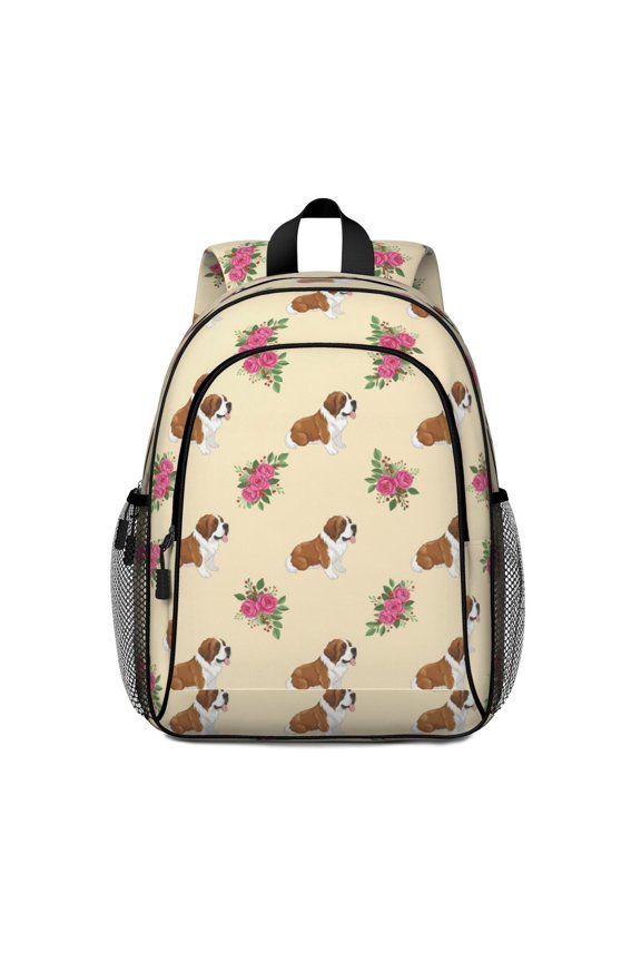 Saint Bernard and Roses Backpack for School, Cute School Bag with Adjustable Shoulder Straps and Padded Back, 15"x11.42"x5.5"
