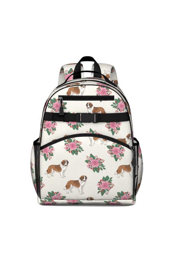 Saint Bernard and Roses White Pattern Backpack for School, Cute School Bag with Adjustable Shoulder Straps and Padded Back, 15.25"x11.5"x5.25"