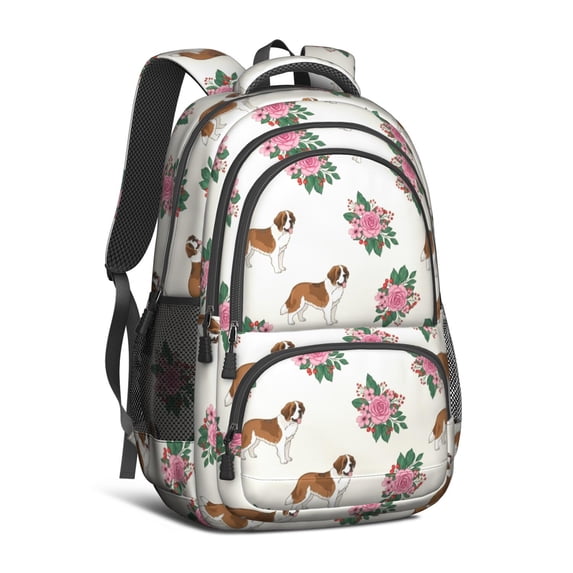 Saint Bernard and Roses White Pattern Backpack for School, Cute School Bag with Adjustable Shoulder Straps and Padded Back, 16.9"x12.6"x5.9"