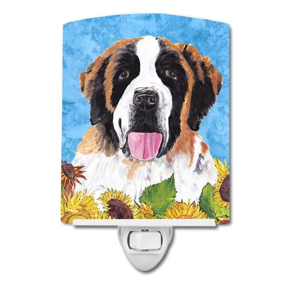 Saint Bernard in Summer Flowers Ceramic Night Light