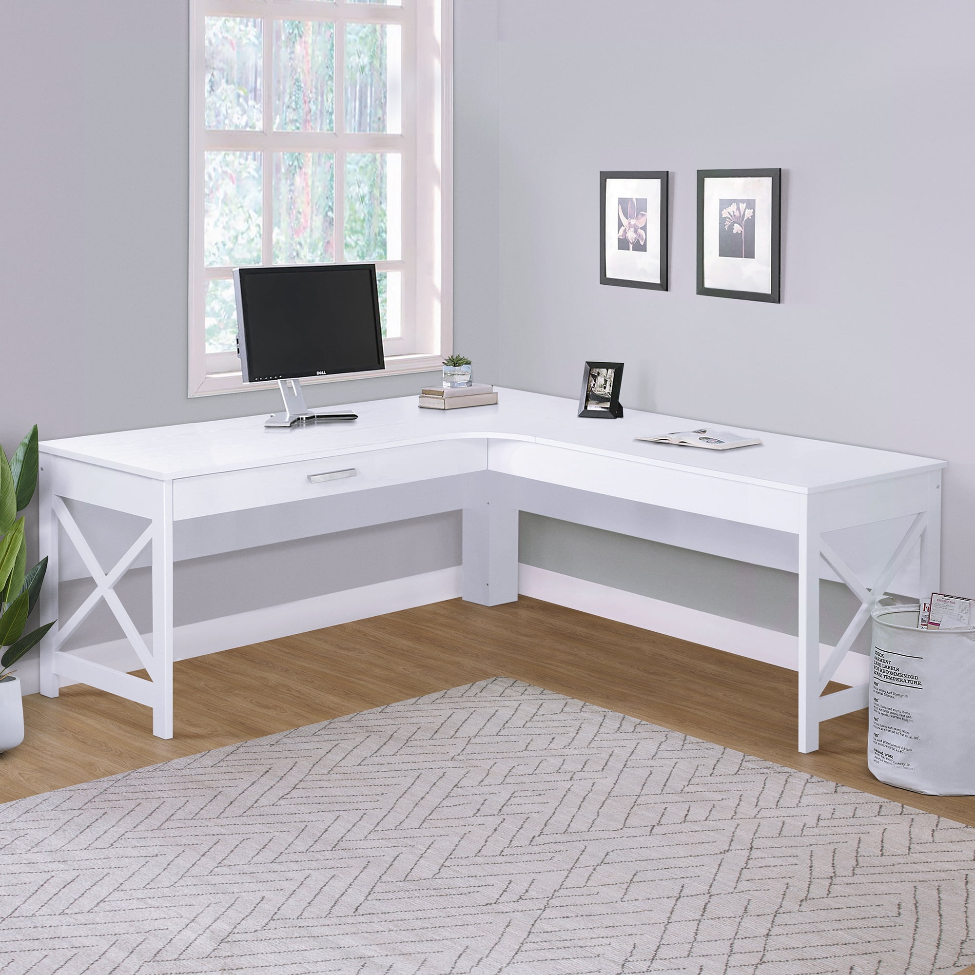 White Wood L-Shaped Corner Desk with Drawer