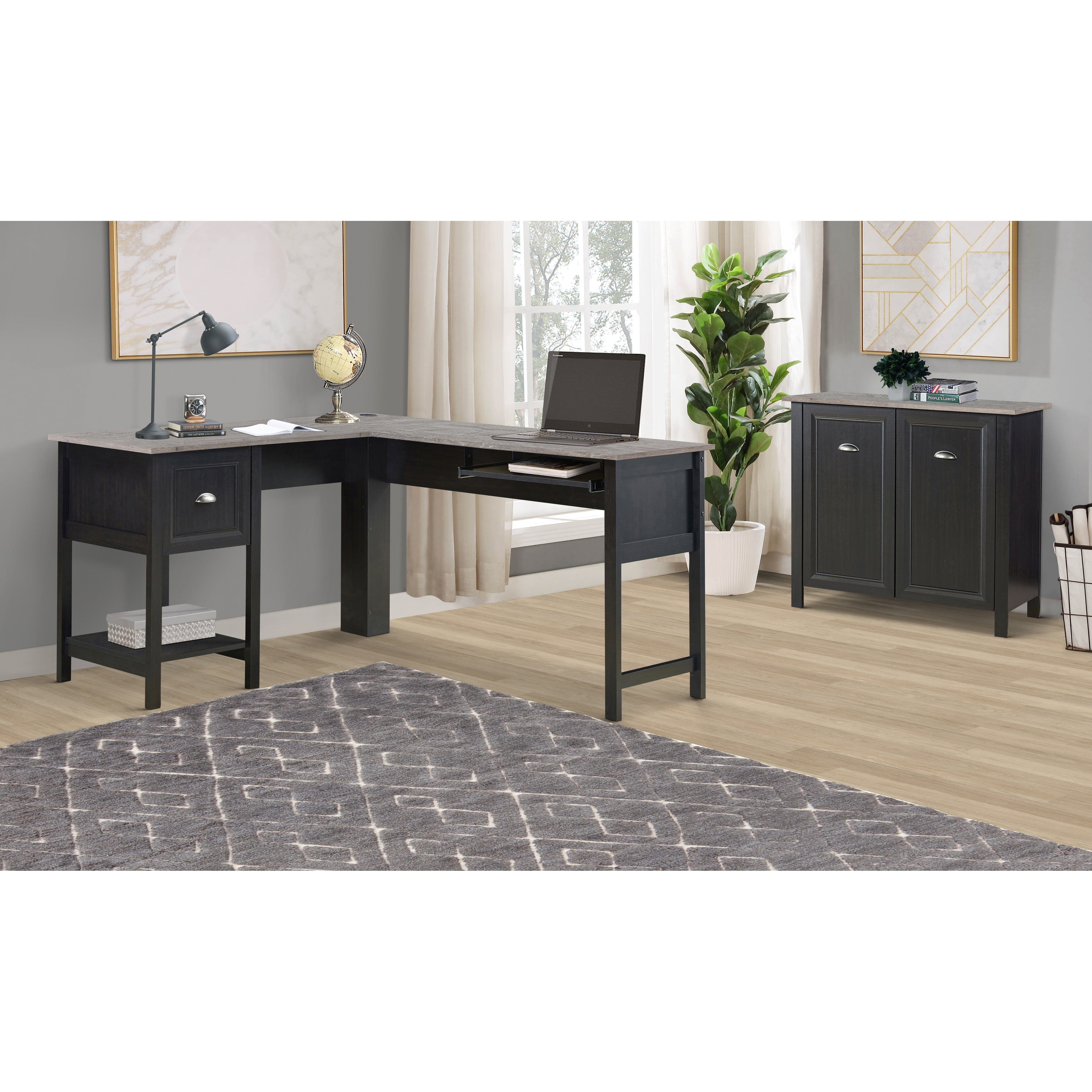Espresso Wood Corner Desk with Keyboard Tray and Drawer