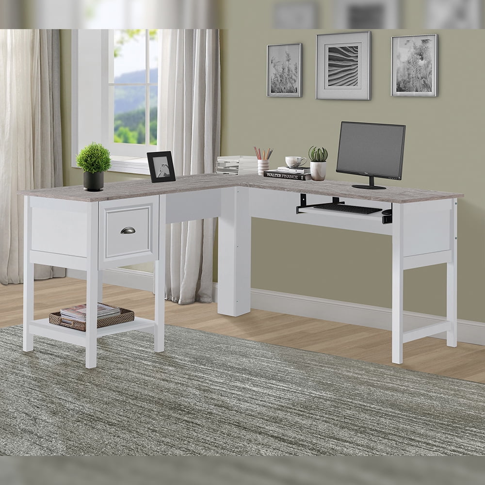 Transitional White Wood Corner Writing Desk with Drawer and Keyboard Tray