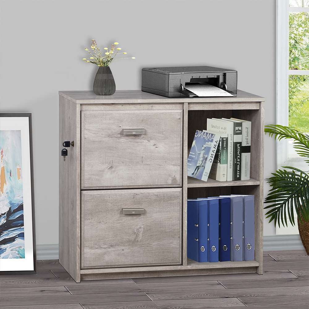 Washed Gray 2-Drawer Wood File Cabinet with Shelves
