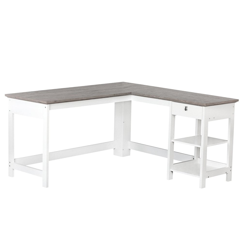 Finley White and Gray Oak L-Shaped Writing Desk with Drawer