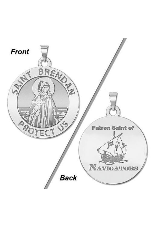 Saint Brendan Double Sided Navigator Round Religious Medal - 2/3 Inch Size of Dime, Solid 14K White Gold