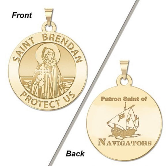 PicturesOnGold.com Saint Brendan Double Sided Navigator Round Religious Medal - 3/4 inch Solid 14K Yellow Gold