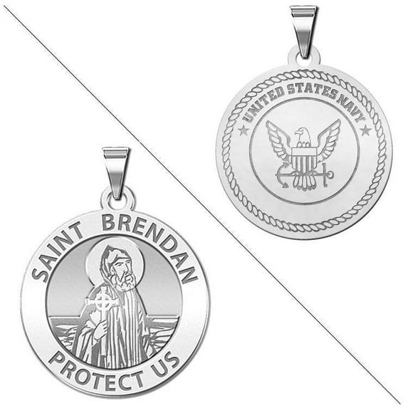 Saint Brendan Doubledside Navy Religious Medal - 2/3 Inch Size of a Dime - Solid 14K White Gold