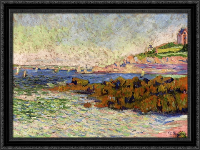 Saint Briac, the marker Le Cheval 38x28 Large Black Ornate Wood Framed Canvas Art by Paul Signac