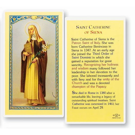 Saint Catherine of Siena Laminated Catholic Prayer Holy Card with Prayer on Back, Pack of 25