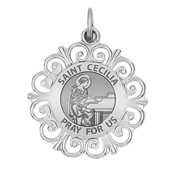 Saint Cecilia Round Filigree Religious Medal - 1 Inch Size of a Quarter in Sterling Silver