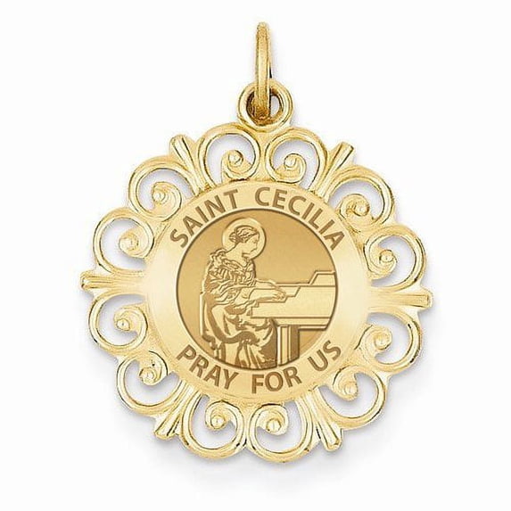 Saint Cecilia Round Filigree Religious Medal - 3/4 Inch Size of a Nickel in Solid 14K Yellow Gold