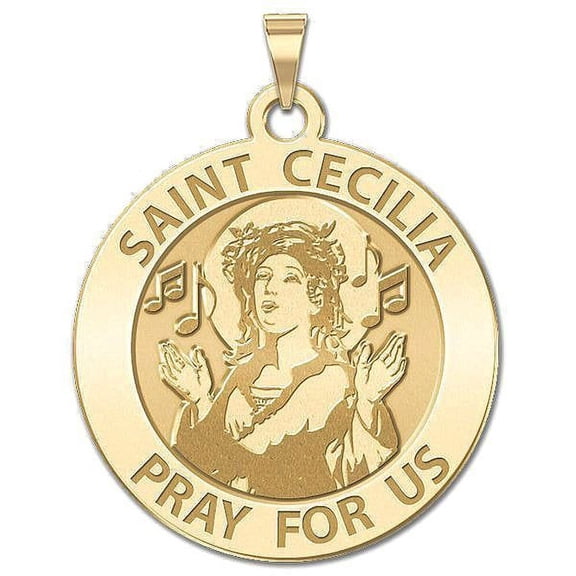 Saint Cecilia Round Religious Medal (Singing) - - 3/4 Inch Size of a Nickel -Solid 14K Yellow Gold