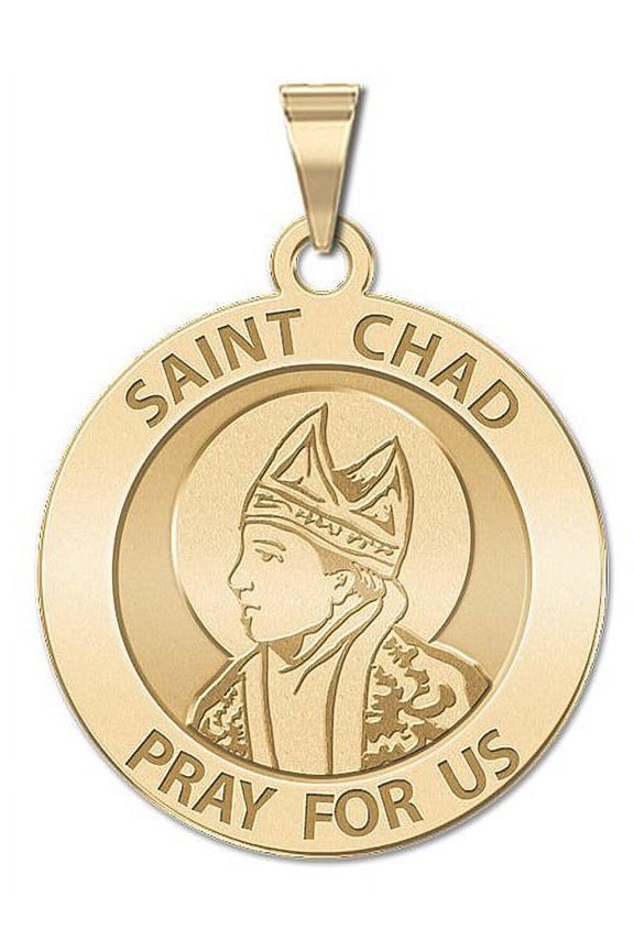 Saint Chad Round Religious Medal - - 1 in Size of a Quarter -Solid 14K Yellow Gold