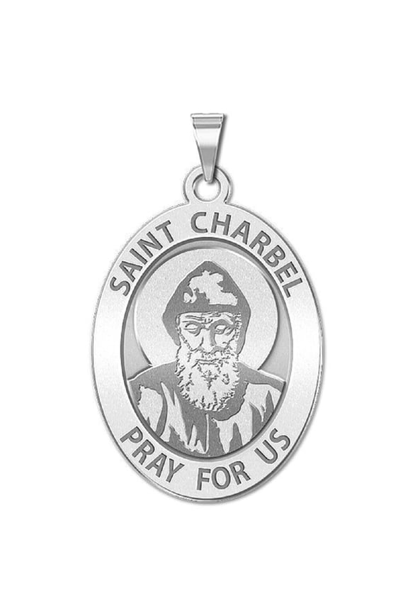 Saint Charbel OVAL Religious Medal  - 1/2 X 2/3 Inch Size of Dime, Solid 14K White Gold