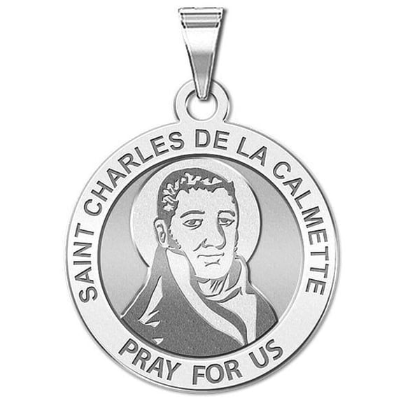 Saint Charles De La Calmette Religious Medal - - 2/3 inch Size of Dime, Solid 14K White Gold
