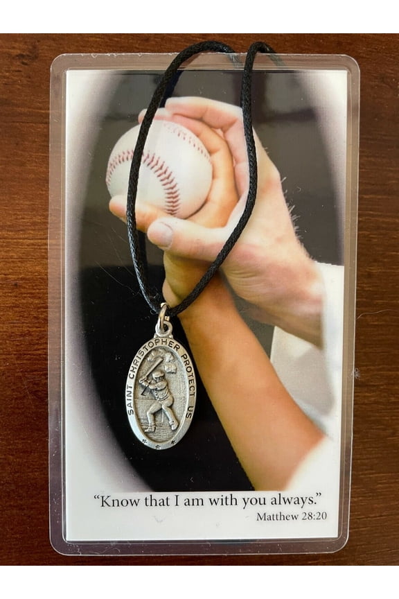 Saint Christopher Baseball Medal Cord Necklace with Laminated Prayer Card