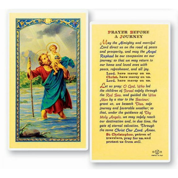 Saint Christopher Before a Journey Laminated Catholic Prayer Holy Card with Prayer on Back, Pack of 25