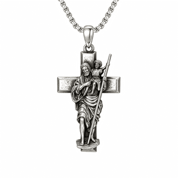 Kootwo St.Christopher Cross Necklace for Men  Oxidized Silver Cross Pendant, Vintage Traveler Protection Jewelry, Religious Gift for Father Husband Boyfriend