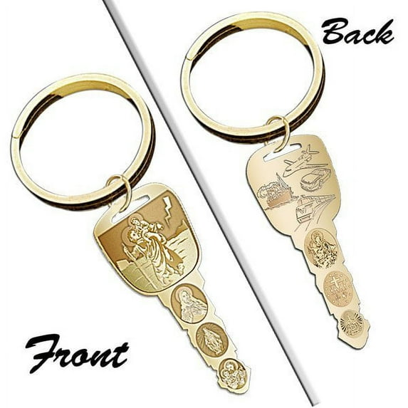 Saint Christopher Double Sided "Travelers Key" Keychain - 3/4 Inch X 2 Inch - 14K Yellow Gold Filled