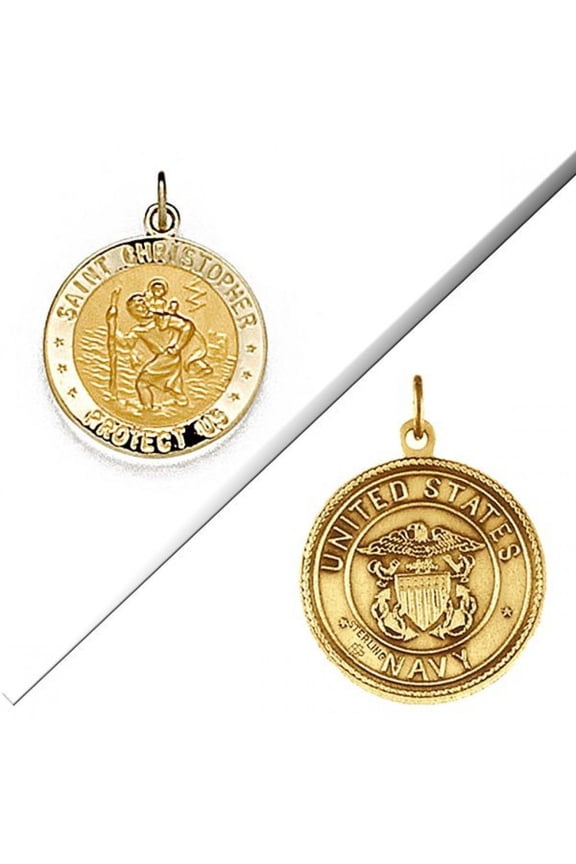 Saint Christopher Double Sided US Navy Religious Medal 2/3 Wide inch x 2/3 inch Tall - 14K Yellow Gold
