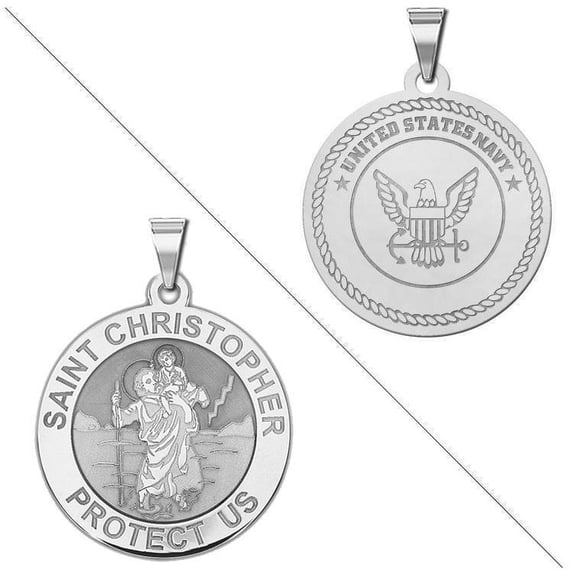 Saint Christopher Doubledside NAVY Religious Medal - 1 Inch Size of a Quarter - Solid 14K White Gold