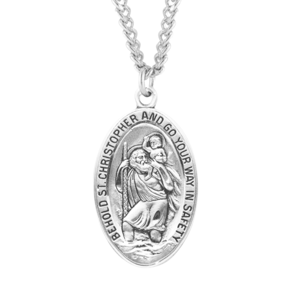 Saint Christopher Large Oval Sterling Silver Medal, 24" Endless Rhodium ...