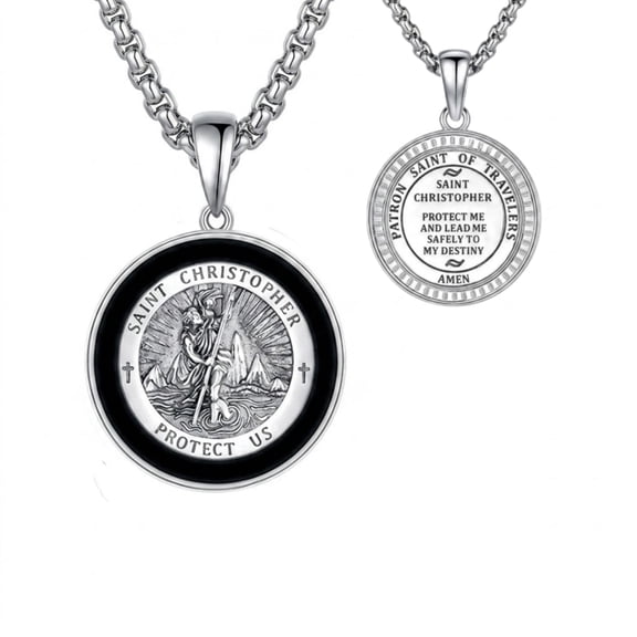Kootwo St. Christopher Necklace for Men, Double‑Sided Black Onyx Traveler Medal, White Gold Plated Patron Saint Pendant, Catholic Protection Jewelry Gift