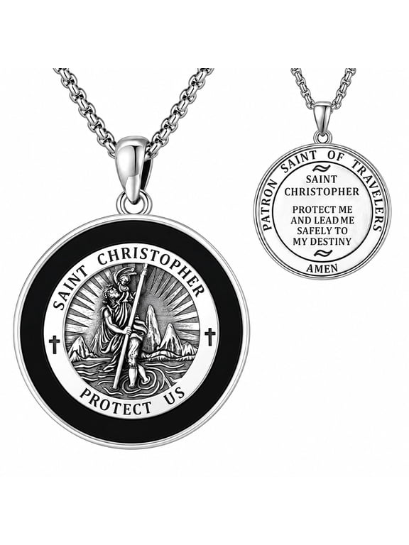St. Christopher Necklace for Men, Double‑Sided Black Onyx Traveler Medal, White Gold Plated Patron Saint Pendant, Catholic Protection Jewelry Gift