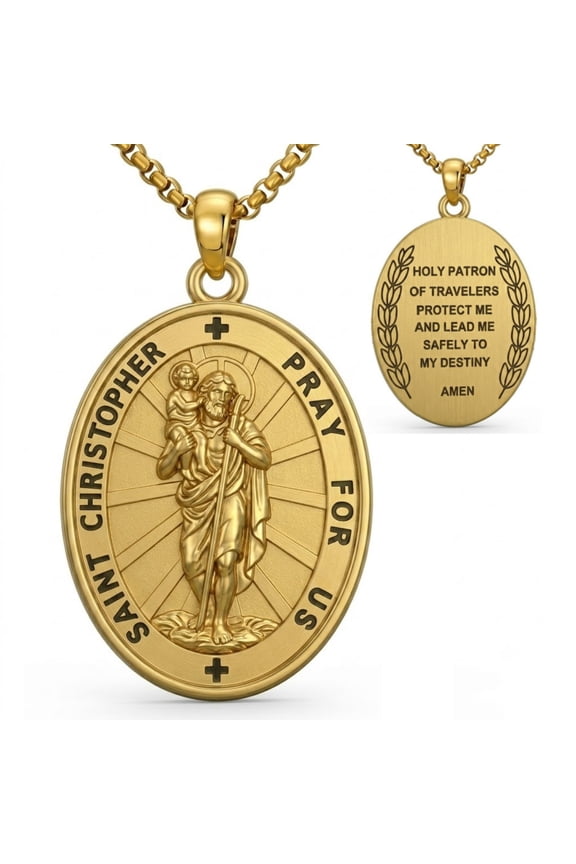 St. Christopher Pendant Necklace for Men Women, 14K Gold Plated Double-Sided Oval Traveler Medal, Catholic Protection Religious Jewelry Gift