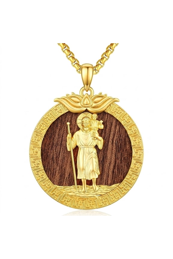 St Christopher Pendant Necklace for Men Women, 14K Gold Plated Walnut Wood Inlay Traveler Medal, Catholic Protection Religious Jewelry Gift
