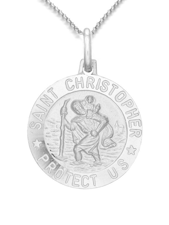 Saint Christopher Round Medal Charm Pendant and Chain Necklace Sterling silver 925