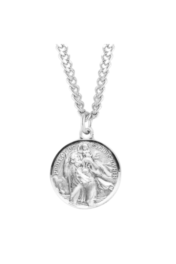 Saint Christopher and Saint Raphael Double Sided Sterling Silver Medal, 24" Endless Rhodium Plated Stainless Steel Chain, Made in USA - Deluxe Velvet Gift Box