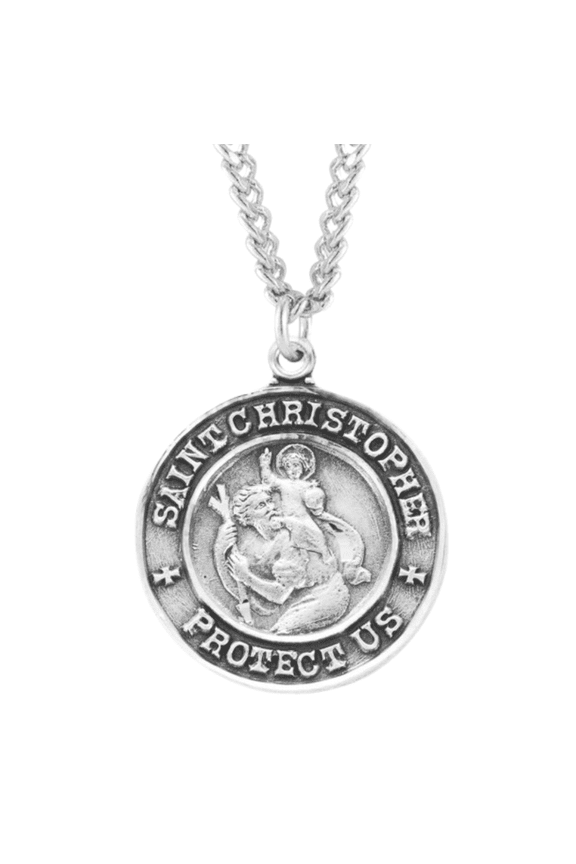 Saint Christopher & Saint Raphael Round Sterling Silver Medal, 24" Endless Rhodium Plated Stainless Steel Chain, Made in USA - Deluxe Velvet Gift Box
