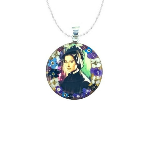 Saint Elizabeth Ann Seton Large Round Pendant w/ Pressed Flowers 18-inch