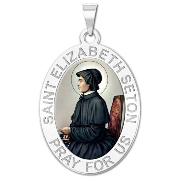 Saint Elizabeth Seton OVAL Religious Medal - 3/4 Inch X 1 Inch -Solid 14K White Gold